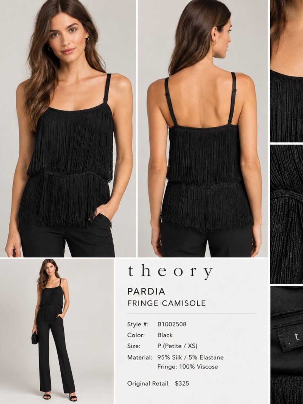 Theory Pardia Fringe Camisole Top Black P XS NWT $325 Style B1002508